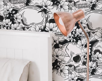 Floral Skull Peel and Stick wallpaper / Skull Removable wallpaper / Black And White wallpaper - Self-adhesive or Traditional