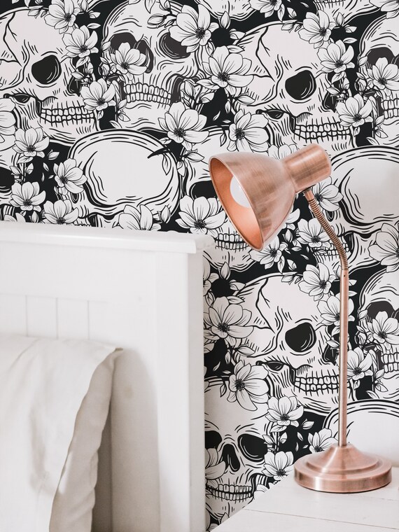 Floral Skull Peel and Stick wallpaper / Skull Removable wallpaper / Black And White wallpaper - Self-adhesive or Traditional