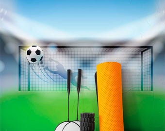 Mural de papel pintado de portería de fútbol azul: Escena moderna de acción en un estadio con focos (autoadhesivo o sin adhesivo, tamaños personalizados).