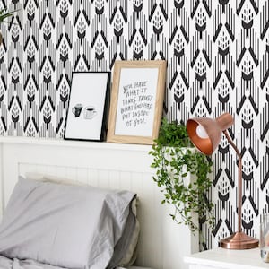 Black and white Ikat Peel and Stick wallpaper / Boho Removable wallpaper / Abstract wallpaper - Self-adhesive or Traditional