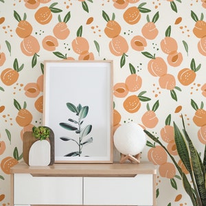 Peach Peel and Stick wallpaper / Fruit Removable wallpaper / Peach and green wallpaper - Self-adhesive or Traditional