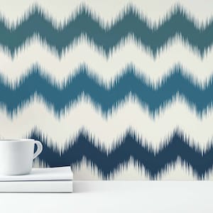 Blue Zig zag Peel and Stick wallpaper / Ikat Removable wallpaper / Blue wallpaper - Self-adhesive or Traditional