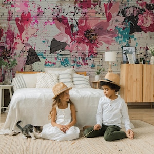 Musical Graffiti Peel and Stick wallpaper / Floral Music wall mural / Grunge room mural print - Removable Self-adhesive or Non-Pasted