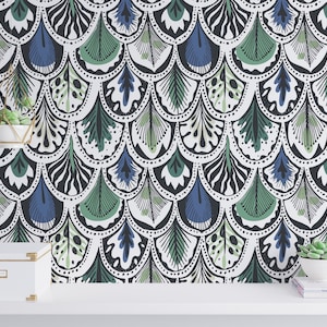 Blue and green Feather Peel and Stick wallpaper / Abstract Removable wallpaper / Blue and green wallpaper - Self-adhesive or Traditional