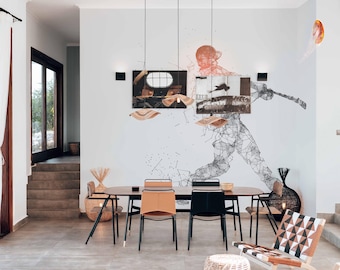 Geometric Baseball Batter Wallpaper Mural: Flaming Polygonal Swing Motion (Peel and Stick or Non Pasted, Custom Sizes)