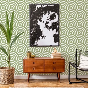 Green and white Wave Peel and Stick wallpaper / Abstract Removable wallpaper / Retro wallpaper - Self-adhesive or Traditional