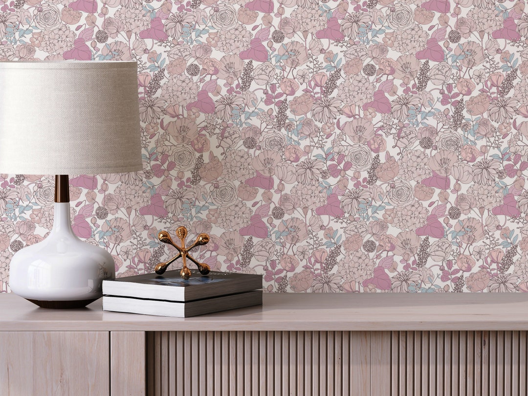 Pink and Beige Floral Peel and Stick Wallpaper / Bold Removable ...