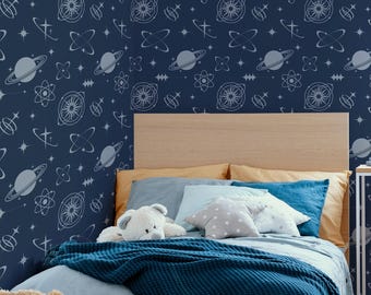Navy Blue Space Icons Wallpaper: Retro Celestial Pattern (Non-Pasted, Pre-Pasted, Peel and Stick, Custom Sizes)