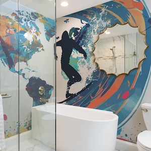 Surf rund um die Welt Tapete / Surfer Silhouette Wandbild / Lebendiges Surf-Wandbild - Abnehmbar, selbstklebend oder nicht geklebt