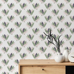 Leaf illustration Removable wallpaper / Scandinavian Peel and Stick wallpaper / Oak leaf wallpaper - Self-adhesive or Traditional
