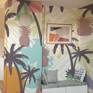 Retro Geometric Palmetto wallpaper / 80s Palm Tree wall mural / Tropical Pattern mural print – Removable Peel and Stick or Non-Pasted