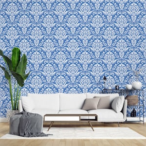 Classic Damask wallpaper - Peel and Stick Wallpaper or Non Pasted Wallpaper / Vintage Removable wallpaper / Blue self-adhesive wallpaper