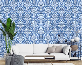 Classic Damask wallpaper - Peel and Stick Wallpaper or Non Pasted Wallpaper / Vintage Removable wallpaper / Blue self-adhesive wallpaper