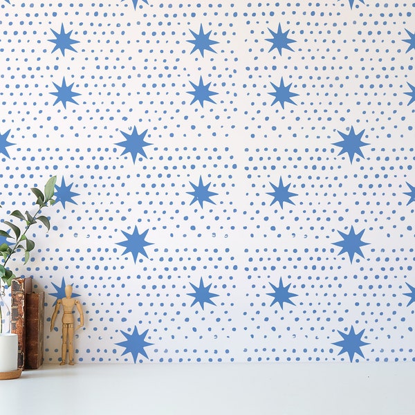 Blue and white Star Peel and Stick wallpaper / Star wallpaper - Self-adhesive or Traditional / Blue Star and Polka Dot Removable wallpaper