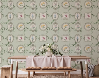 Green vintage peel and stick wallpaper / Floral removable wallpaper / Green wallpaper - Self-adhesive or Traditional