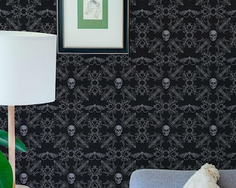 Black Skull Wallpaper: Gothic Baroque Pattern (Non-Pasted, Pre-Pasted, Peel and Stick, Custom Sizes)
