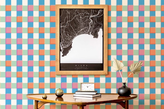 Colorful Check wallpaper - Peel and Stick Wallpaper or Non Pasted Wallpaper / Geometric Removable wallpaper / Colorful wallpaper