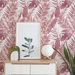 Pink Palm Peel and Stick wallpaper / Tropical Removable wallpaper / Pink wallpaper - Self-adhesive or Traditional