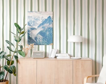 Sage Green Wavy Stripe Wallpaper: Coastal Stripe Pattern (Non-Pasted, Pre-Pasted, Peel and Stick, Custom Sizes)
