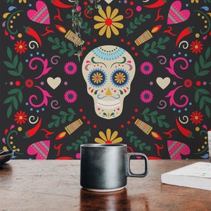 Colorful Sugar skull Peel and Stick wallpaper / Halloween Removable wallpaper / Colorful wallpaper - Self-adhesive or Traditional