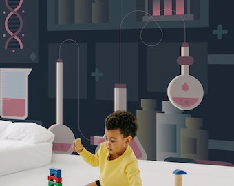Navy Blue Science Lab Wallpaper Mural: Modern Chemistry Scene (Non-Pasted, Pre-Pasted, Peel & Stick, Custom Sizes)