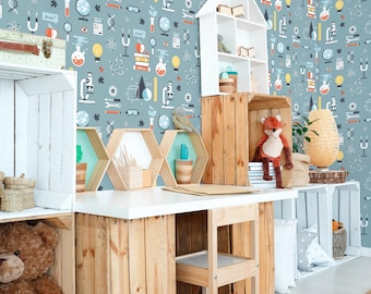 Teal Science Icons Wallpaper: Novelty School Pattern (Non-Pasted, Pre-Pasted, Peel and Stick, Custom Sizes)