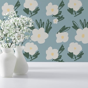 Blue and white Floral Peel and Stick wallpaper / Brushstroke Removable wallpaper / Blue and white wallpaper - Self-adhesive or Traditional