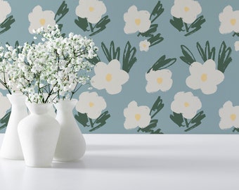 Blue and white Floral Peel and Stick wallpaper / Brushstroke Removable wallpaper / Blue and white wallpaper - Self-adhesive or Traditional