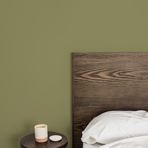 May include: A bedroom interior featuring a dark wooden headboard and a small, round side table. A white ceramic cup with a beige base and a small white coaster are on the table. The wall is painted a muted green.