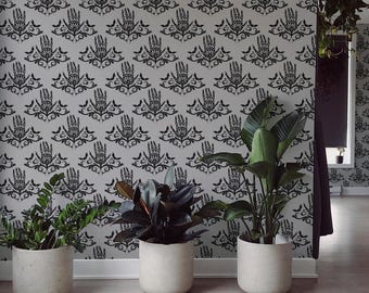 Gray Skeleton Hands Wallpaper: Gothic Damask Pattern (Non-Pasted, Pre-Pasted, Peel and Stick, Custom Sizes)