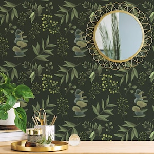 Green Botanical Peel and Stick wallpaper / Dark Removable wallpaper / Green wallpaper - Self-adhesive or Traditional