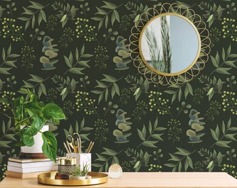 Green Botanical Peel and Stick wallpaper / Dark Removable wallpaper / Green wallpaper - Self-adhesive or Traditional