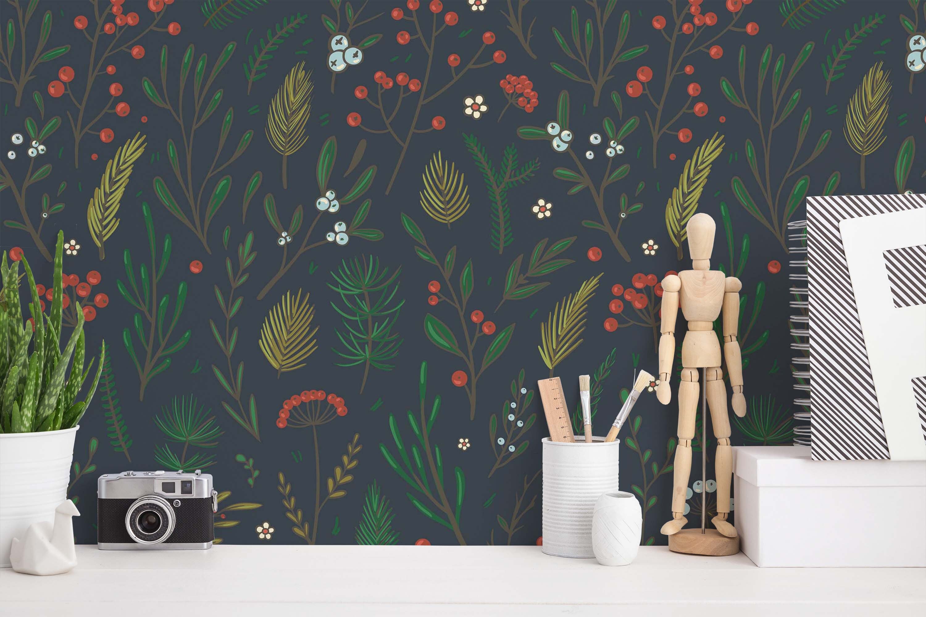 Green and red Christmas Peel and Stick wallpaper / Branches Removable wallpaper / Green and red wallpaper - Self-adhesive or Traditional