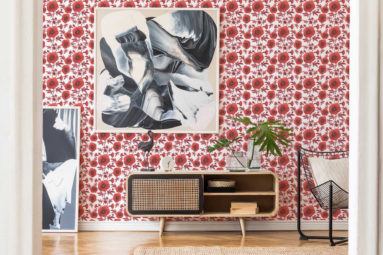 Red Poppy Floral Peel and Stick Wallpaper / Flower Removable Wallpaper ...