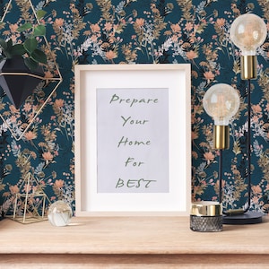 Teal Wildflowers peel and stick wallpaper spreads small blossoms and leafy sprigs in dense repeats on a deep teal wall.