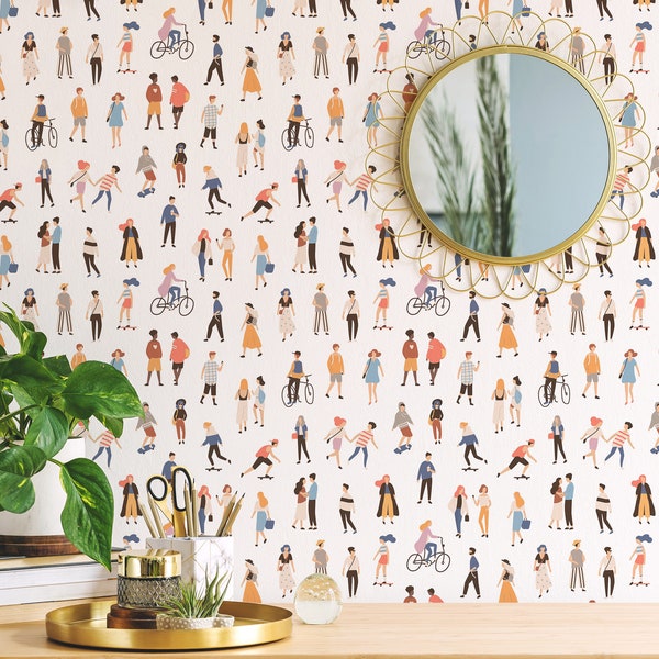 People in the City Removable wallpaper / Fun Peel and Stick wallpaper / Colorful wallpaper - Self-adhesive or Traditional