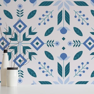 Blue and white Scandinavian Peel and Stick wallpaper / Folk art Removable wallpaper / Blue wallpaper - Self-adhesive or Traditional