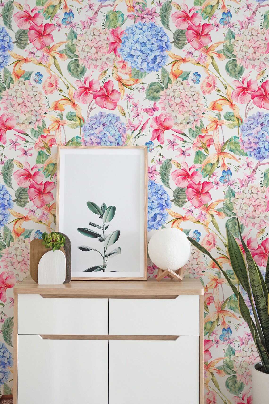 Floral peel and stick wallpaper / Blue and pink flower | Etsy