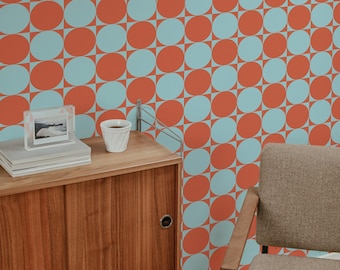 Orange Circle Grid Wallpaper: Retro Checkered Pattern (Non-Pasted, Pre-Pasted, Peel and Stick, Custom Sizes)