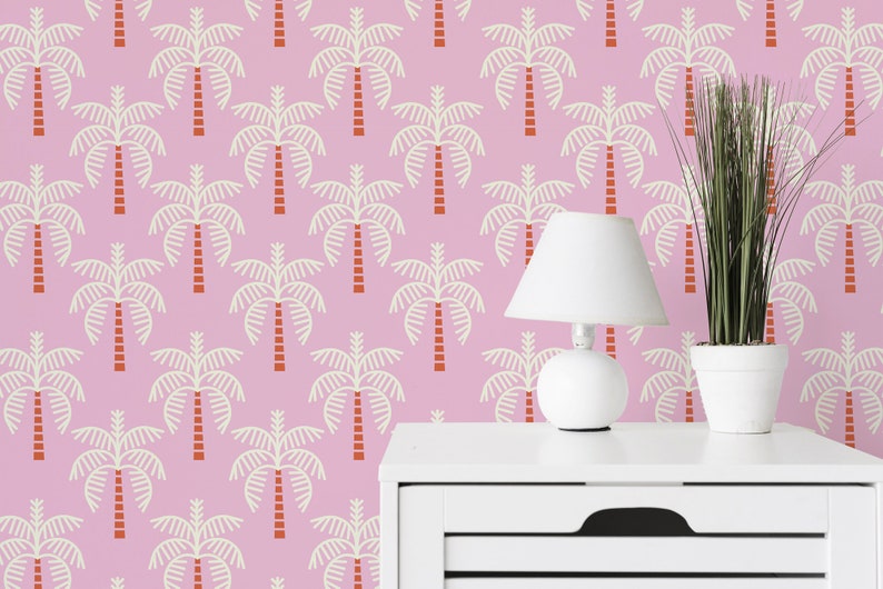 Pink Palm Tree Removable wallpaper / Self-adhesive or Traditional Bold wallpaper / Preppy Peel and Stick wallpaper 