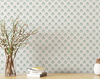 Green and white Leaf Removable wallpaper / Small pattern Peel and Stick wallpaper / Leaf wallpaper - Self-adhesive or Traditional