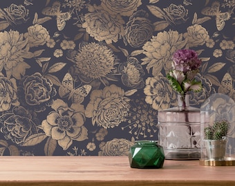 Dark Floral Peel and Stick wallpaper / Vintage Removable wallpaper / Bold wallpaper - Self-adhesive or Traditional