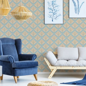 Geometric Leaf Peel and Stick wallpaper / Leaf Removable wallpaper / Blue and yellow wallpaper - Self-adhesive or Traditional