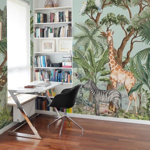 Safari Animals peel and stick wallpaper / Tropical Jungle wall mural / Exotic Animal mural print - Removable Self-adhesive or Non-Pasted
