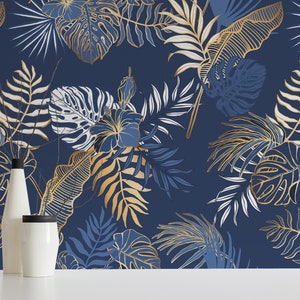 Palm Leaf Stick and Peel wallpaper / Tropical Removable wallpaper / Dark blue wallpaper - Self-adhesive or Traditional
