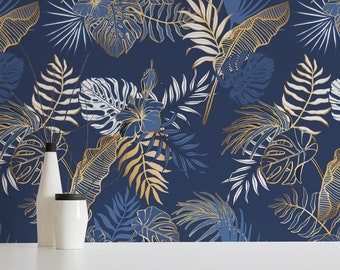 Palm Leaf Stick and Peel wallpaper / Tropical Removable wallpaper / Dark blue wallpaper - Self-adhesive or Traditional