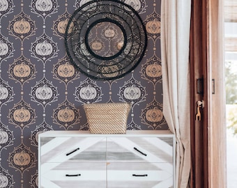 Navy Blue Pumpkin Wallpaper: Gothic Damask Pattern (Non-Pasted, Pre-Pasted, Peel and Stick, Custom Sizes)