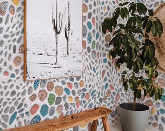 Pebble Mosaic Look Wallpaper Mural: Abstract Coastal Terrazzo (Non-Pasted, Pre-Pasted, Peel & Stick, Custom Sizes)