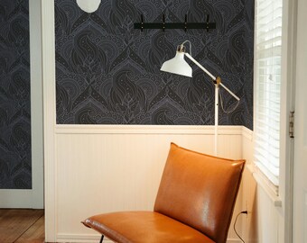 Black Ornate Leaves Wallpaper: Gothic Botanical Design (Non-Pasted, Pre-Pasted, Peel and Stick, Custom Sizes)