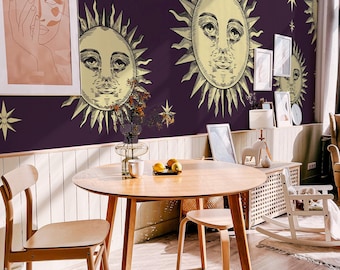 Purple Sun and Moon Faces Wallpaper Mural: Vintage Gothic Celestial Night Sky (Non-Pasted, Pre-Pasted, Peel & Stick, Custom Sizes)